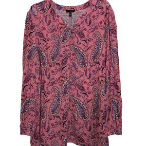 Talbots Paisley Blouse Womens Size 2X Pink Lightweight Rayon Long Sleeve Popover